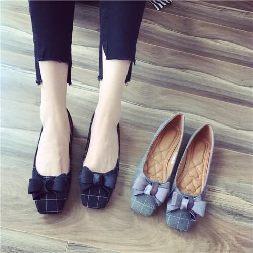 2021Spring Fashion New Womens Shoes Butterfly Knot Shallow Square Head Ballet Flats Ladies All-Match Plaid Loafers Footwear