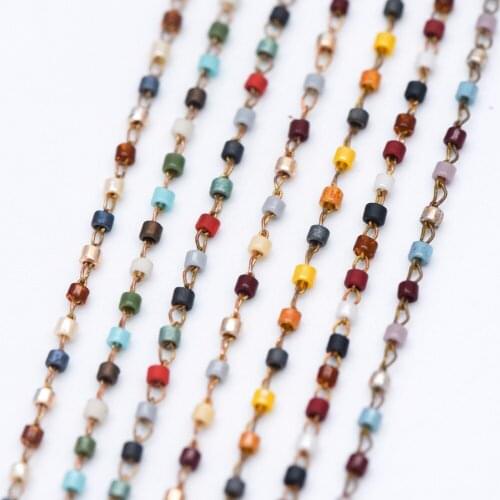 Miyuki Seed Glass Bead Chain 1.8mm, Unplated Brass Beaded Tiny Chain, Multi Colors Mix (#LK-204)/ 1 meter