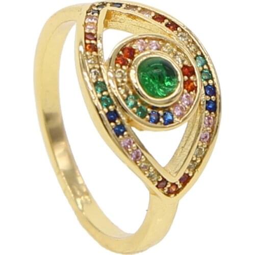 Bohemia style gold rose gold rainbow colourful red cz paved turkish evil eye gorgeous charming finger ring for women jewelry