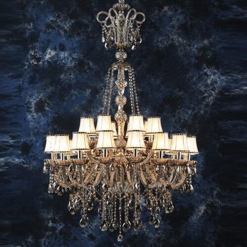 Large 24-arm smoke crystal chandelier led lustre light for Church Living room black grey led chandelier lighting with lampshade