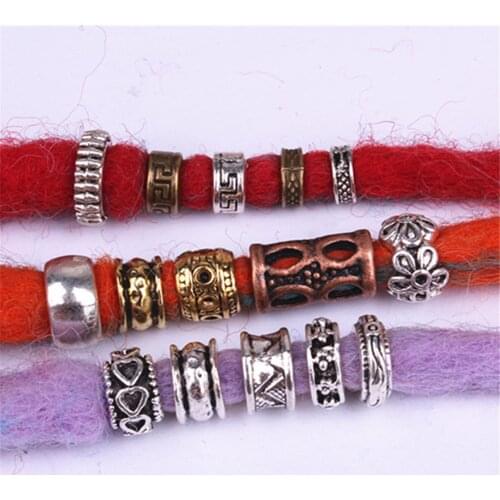 10Pcs Retro Silver Metal Hair Braid Dread Dreadlock Beard Beads Rings Tube Appro 6mm Inner Hole Jewelry 15 Style