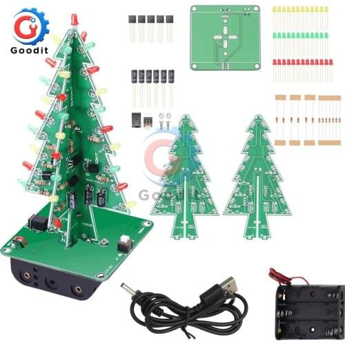 DIY 3D Christmas Tree Soldering Practice Electronic Science Assemble Kit 3 Color Flashing LED PCB USB Cable Using battery