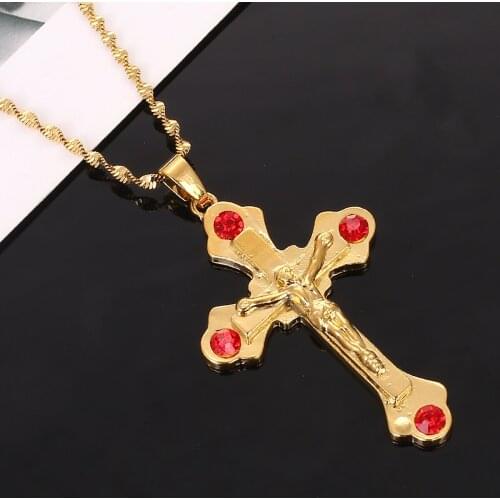 Ethiopian Gold Color Cross Pendant Necklace INRI Jesus Crucifix Christianity Red Stone Cross Jewely