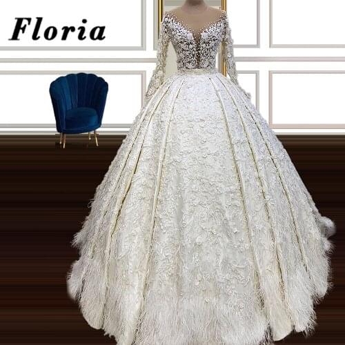 Glamorous Beaded Feathers Wedding Dress 2020 Floor-Length Bridal Gown Haute Couture Puffy Beading Wedding Bride Dress Vestidos