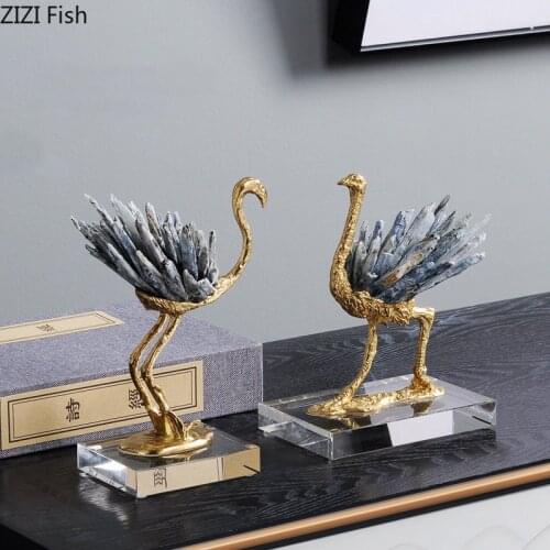 Crystal Fairy Crane Statue Crafts Ornaments Golden Copper Crane Figurine Desk Decor Handicraft Statuette Home Decoration Modern