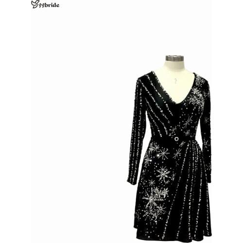 Surmount Customized Party Dress V-neck Long Sleeves Beading Black Mother of Bride Dresses Cocktail Dress robe de soiree courte