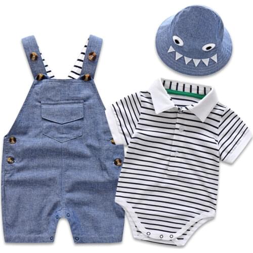 Newborn Baby Clothing Set for Boys Summer Suit Set Hat+Striped Romper+Blue Overall Suit Casual Children Boy Clothes Outfit