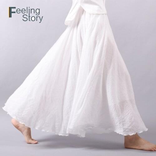 Korean Women Long White Pleated Midi Skirt Summer Skirt With High Waist Linen Cotton Skirts Elastic Waist Maxi Faldas Saia