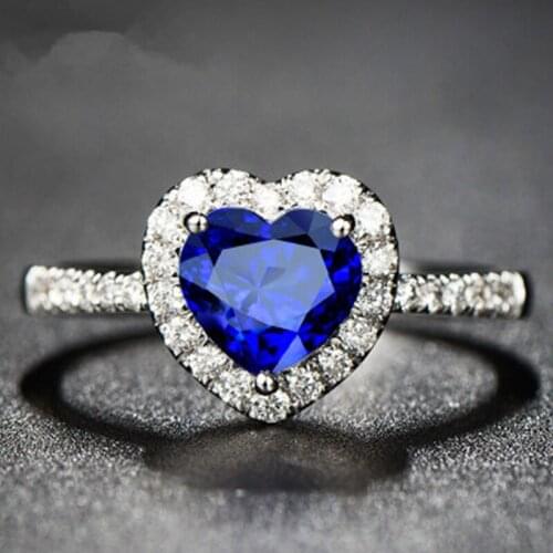 Milangirl Heart-shaped Ring Silver Engagement Big Blue Crystal Stone Zircon Ring Female Wedding Bride