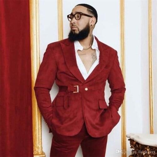 2021 Autumn Red Business Men Blazer 2 Piece Beach Groom Tuxedos For Wedding Formal Prom Suit (Jacket+Pants) Chic Streetwear