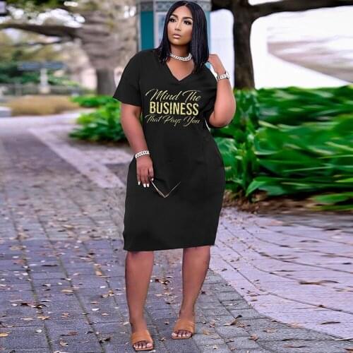 S-3XL Plus Size Letter Print Women T-shirt Dress Casual V-neck Short Sleeve Loose Vestidos High Street Side Pocket Robe Femme