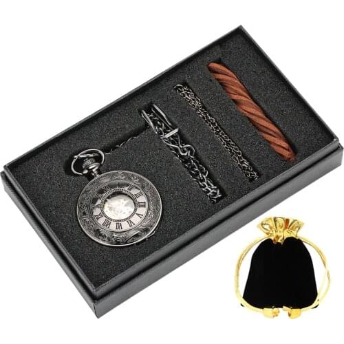 Antique Gifts Box Sets for Men Vintage Roman Numerals Steampunk Mechanical Pocket Watch Chain Necklace Hand Winding Clock Gifts