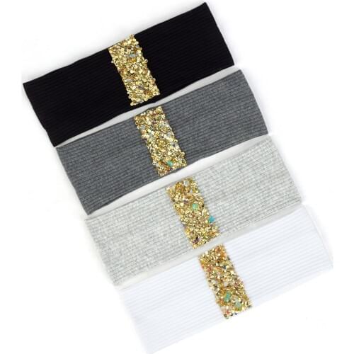 Women Ribbed Headband Female Gold Sequins Hairband Shine Accessories Striped Cotton Turban Head wrap Elastic Flat Bands DT770