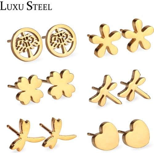LUXUSTEEL aretes mujer Gold Color Tree Flower Heart Dragonfly Shape Stud Earrings Sets 2020 Brinco Party Wholesale piercing