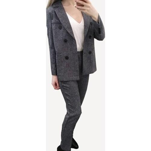 Spring Autumn Slim Trousers Two Pieces Grey Double Breasted Pants Set , Buttons Long Pant Jacket Office Lady Long Sleeves Suit