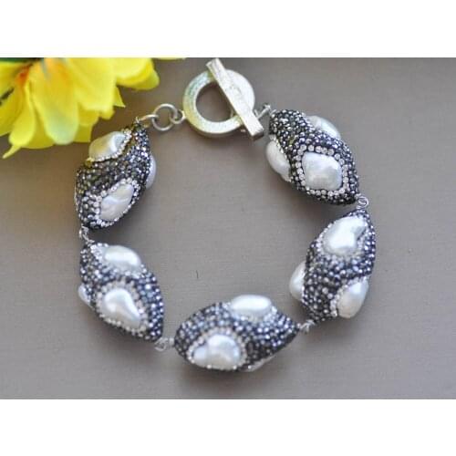 Z10282-1 8" 30mm White Pearl Shuttle Bead CZ Bracelet