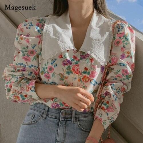 Korean 2021 Autumn Floral Printed Women Blouse New Loose Doll Collar Casual Long Sleeve Ladies Shirt Puff Sleeve Women Top 13975