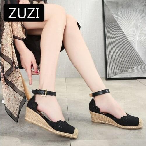 ZUZI Womens Espadrilles Wedge 2021 New Sandals Skirt Hollow Single Shoes Womens Fashion Pointed High Heels Thick Bottom Straw