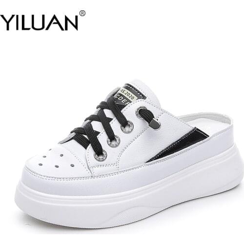 Yiluan Leather Semi Slippers Women Heels Lazy Shoes Increased Height Platform Small White Semi-Supporting Shoes Mesh Female