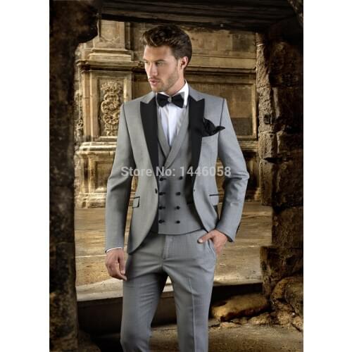 2018 Groomsmen Custom Made Light Grey Men Suit Double Breasted Vest Tailored Wedding Suits Slim Fit Groom Tuxedos For Men