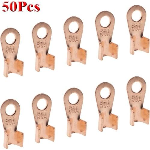 50Pcs OT-50A Red Copper Battery Cable Connector Lugs 50A Splice Ring Terminal Crimping 4-10mm2 Wire