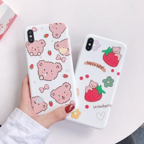 Korean Cartoon Simple Strawberry Bear Glossy Phone case for iPhone 11 Pro Max XR X XS Max case for coque iPhone 7 8 6 Plus Cases