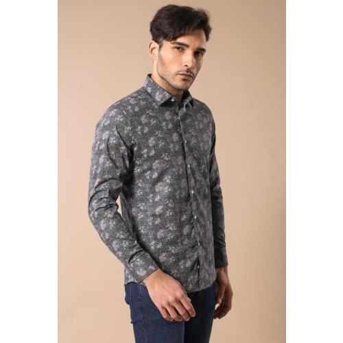 Flower Patterned Black Slim Fit Shirt Wessi