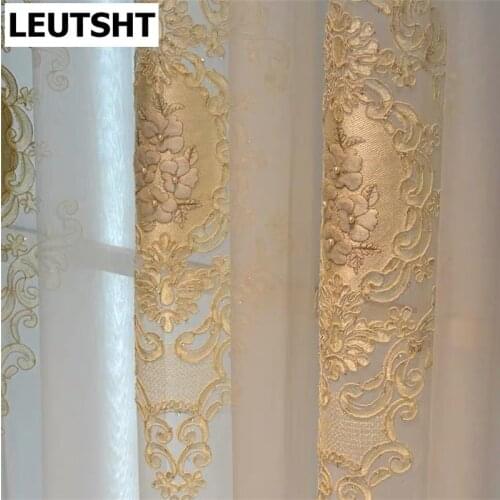 European Curtain for Living Dining Room Bedroom Luxury Imitation Silk Curtains 3D Embossed Embroidery with Beads Luxury Tulle