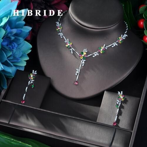 HIBRIDE New Arrival Cubic Zirconia Flower Leaf Necklace Pendant and Earring 2pcs Set for Women Fashion Jewelry Bijoux femme N-58