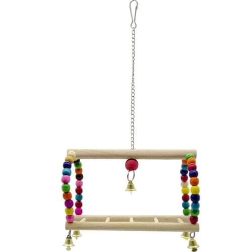 Bird Swing Bite Toy, Colorful Parrot Cage Wood and Bells Toy for African Grey Conure Cockatiel