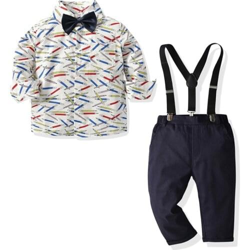 Baby Boys Clothes Suit Autumn Long Sleeve Bowtie Print Shirt+Suspender Trousers Sets 4Pcs Toddler Kids Boys Gentleman Clothing
