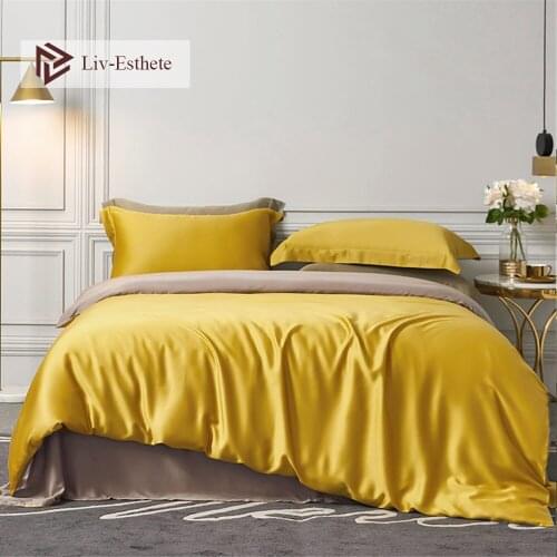 Liv-Esthete Women 100% Silk Yellow Bedding Set 25 Momme Queen King Duvet Cover Bed Sheet Fitted Sheet Pillowcace Free Shipping