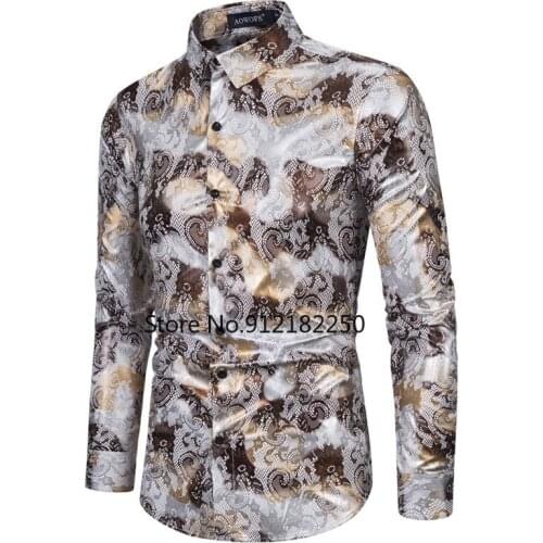 Mens Casual Button Down Dress Shirts Camisa Social Masculina 2021 Fashion Bronzing Print Shirt Men Nightclub Prom Shirt Male XXL