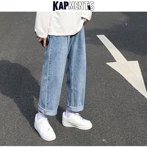 KAPMENTS Japanese Streetwear Straight Jeans Pants For Men 2020 Mens Harajuku Blue Denim Pants Male Korean Fashions Baggy Jeans