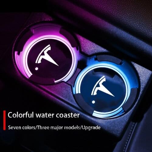 7 Colorful Luminous Car Cup Coaster Holder Car Logo Led Atmosphere Light For Tesla Model 3 S X Y Auto Accessories