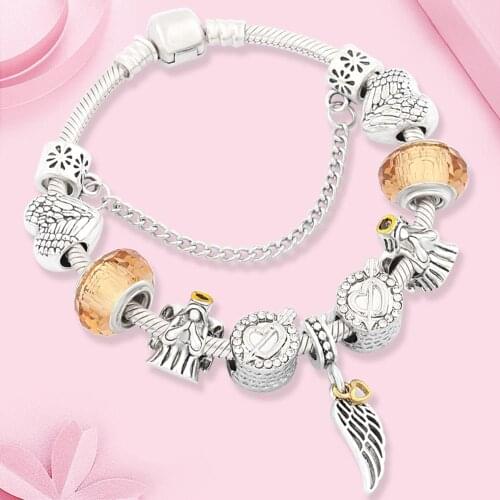 Dropshipping Tibetan Silver Angel Wings Charm Bracelet for Womens Jewelry Gold Color Angle Heart DIY Bracelet Bead Jewelry