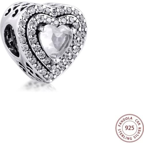 Fits Pandora Bracelet 925 Sterling Silver Sparkling Leveled Hearts Charms Clear CZ Beads DIY Fine Jewelry Making Berloques 2020