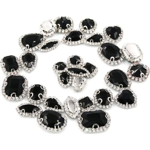 Wedding decorations silver base black crystal buttons sew on glass rhinestones with cup chain rim diy clothing
