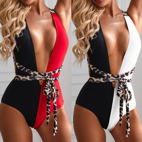 Patchwork Deep V Womens Bikinis Sexy Lace Push Up Swimsuit Backless High Waist One Piece Swimwear Hot Monokini Leopard Swim Set