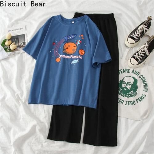 Women Sets Summer Ins Leisure All-match Teens 2 Piece Sets Harajuku Print Chic Basic Femme Tees Top Elastic Waist Basic Trouser