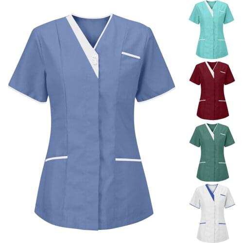 Women Solid Nursing Scrubs Uniform Tops T Shirt Casual Short Sleeve Carer Working Uniforms Nurse V-neck Pocket Women Clothes