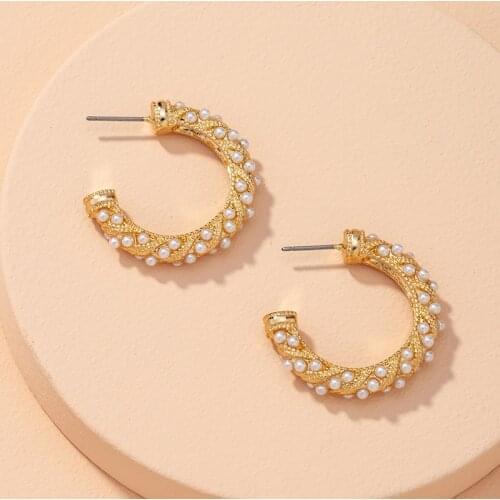 GSOLD New Trendy Geometric C-Shaped Inlaid With Imitation Pearl Stud Earring Twist Irregular Texture Women Fashion Jewelry