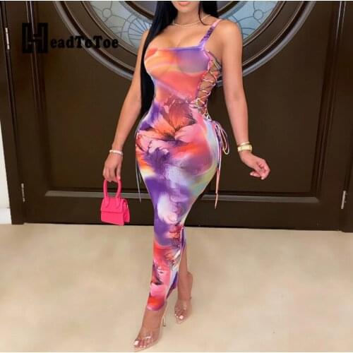 Painted Print Sexy Spaghetti Strap Bandge Bodycon Dress Women Sleeveless Square Neck Maxi Dress Party Club Dress