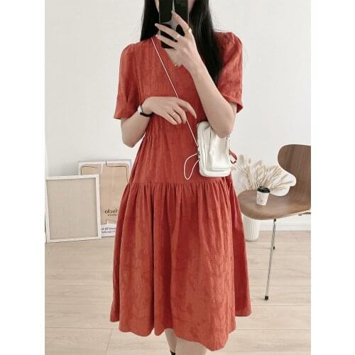 110391 Women Dresses Summer Casual Elegant Essentials Flowy Pleated Jacquard V-Neck Puff-Sleeve Drawstring Waist Midi Vestidos