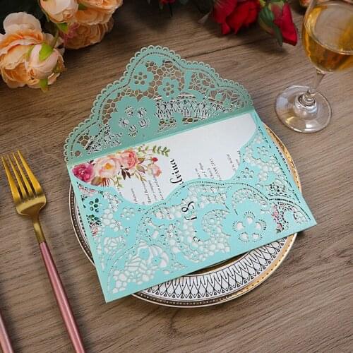 100 Pieces/Lot) Blue Laser Cut Wedding Invitation With Personalized Printing Lace Sweet 15 Birthday Cards