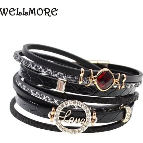 WELLMORE women bracelets leather bracelets crystal charm bracelets Bohemian charm bracelets for women party jewelry wholesale