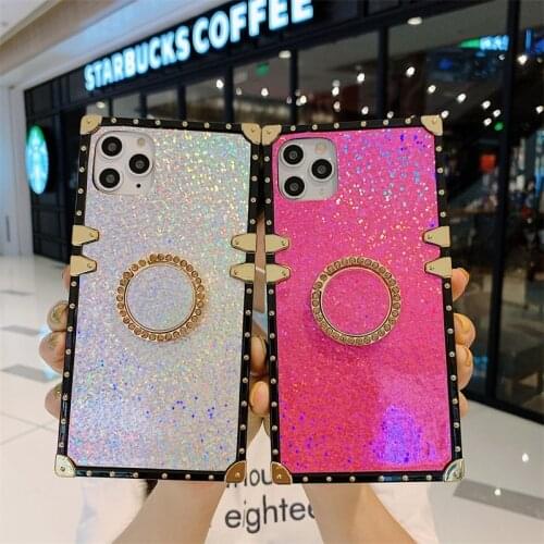 Phone Case For iPhone 12mini 11Pro Max XR X XS Max Bling Glitter shining Square cases Ring Holder back cover For iPhone 7 8 Plus