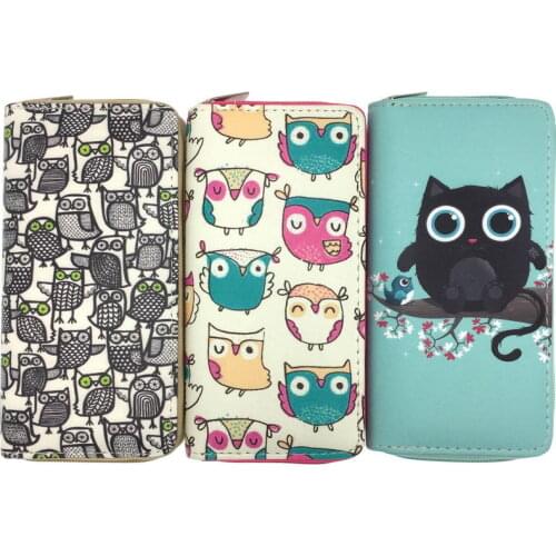 KANDRA Cartoon Owl Pint Long Pu Leather Wallets Clutch Girls Cute Coin Purses Wallet Card Holder Female Purse Wholesale