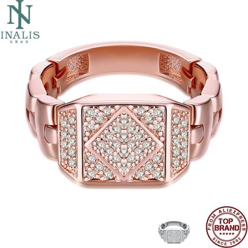INALIS Rose Gold Plated Geometric Rings For Women And Men Full 5A Clear Cubic Zirconia Unisex Ring Engagement Fashion Jewelry