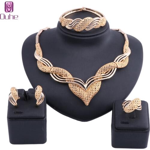 Latest Dubai Gold Color Jewelry Sets Fashion Nigerian Wedding African Beads Costume Necklace Bangle Earring Ring Gift Set